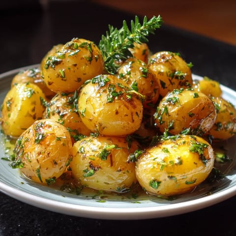 A plate of baby potatoes with herbs on top.
