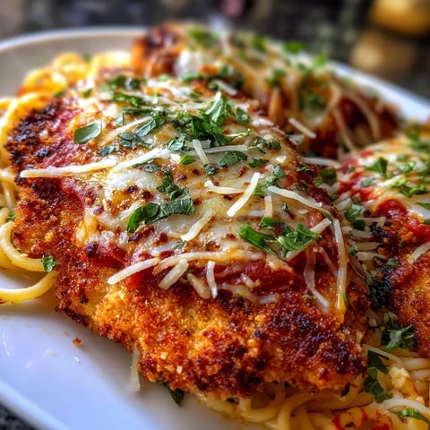 A plate of chicken parmesan with cheese and herbs.