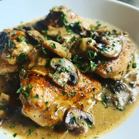 Chicken and mushrooms in a brown sauce.