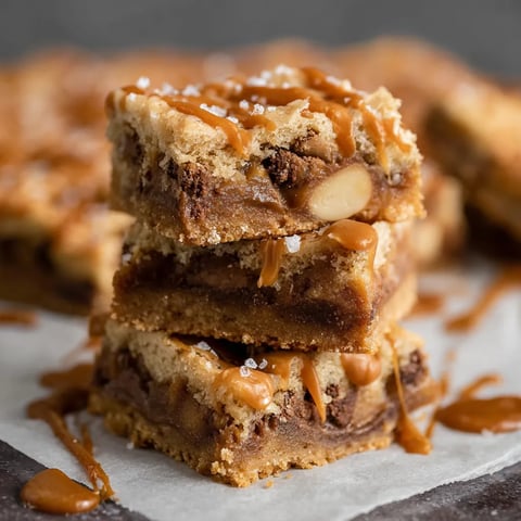 A stack of cookie bars with caramel drizzle.