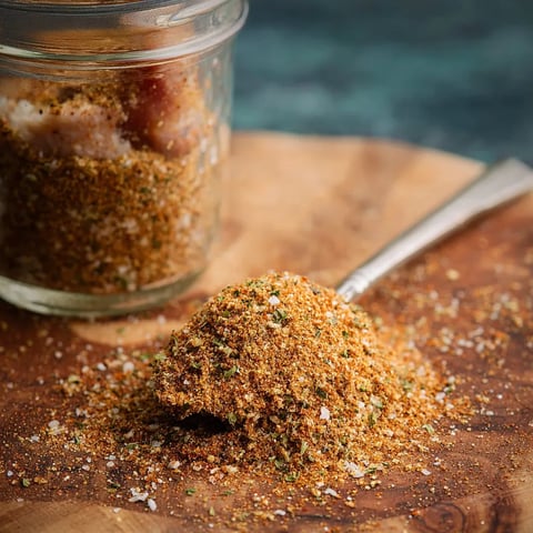 A jar of seasoning sits next to a wooden cutting board.