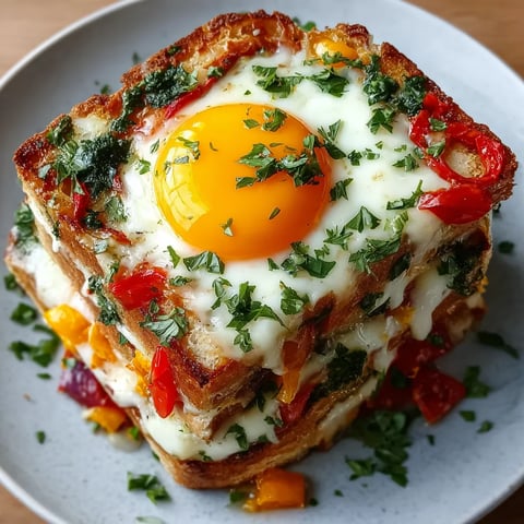 A stack of bread with an egg in the middle.