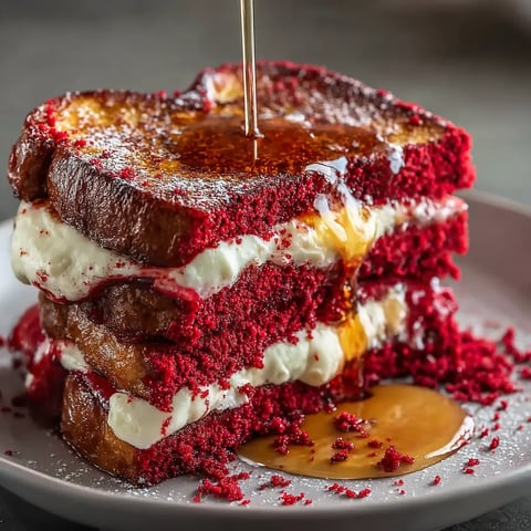 A stack of red velvet French toast with cream cheese.