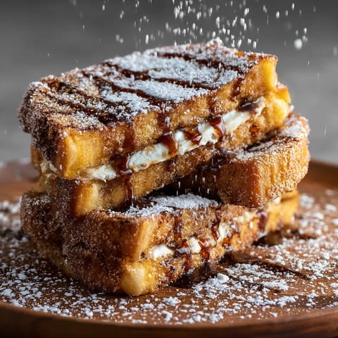 Churro stuffed French toast with powdered sugar.