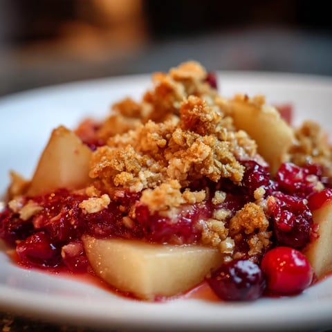 A plate of pear and cranberry crisp.