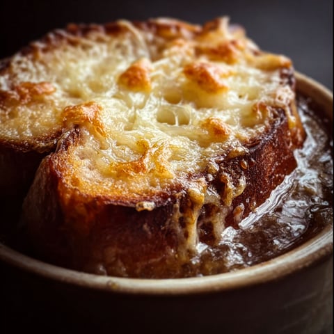 French onion soup in a bowl.