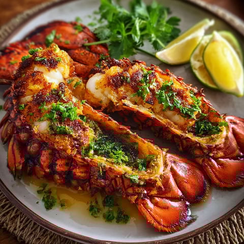 A plate of broiled lobster with herbs and lemon.