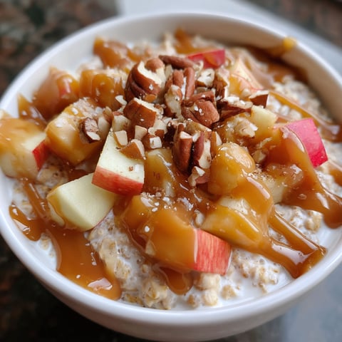 A bowl of oatmeal with apples and nuts.
