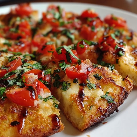 A slice of Bruschetta pizza with tomatoes and basil.