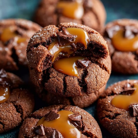 Chocolate peanut butter cookies with gooey caramel.