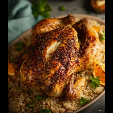 A whole cooked chicken with rice and vegetables.