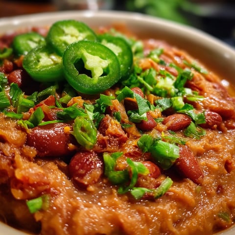 A bowl of refried beans with jalapenos on top.