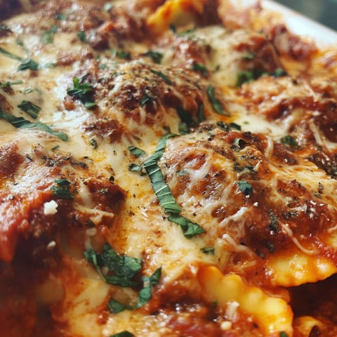 A close up of a delicious lasagna with meat and cheese.