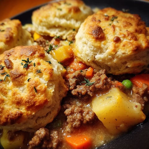 A plate of food with biscuits and ground beef.