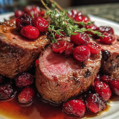 A plate of beef with cranberries on top.