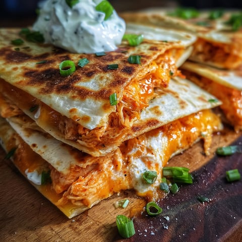 A stack of spicy buffalo chicken quesadillas.