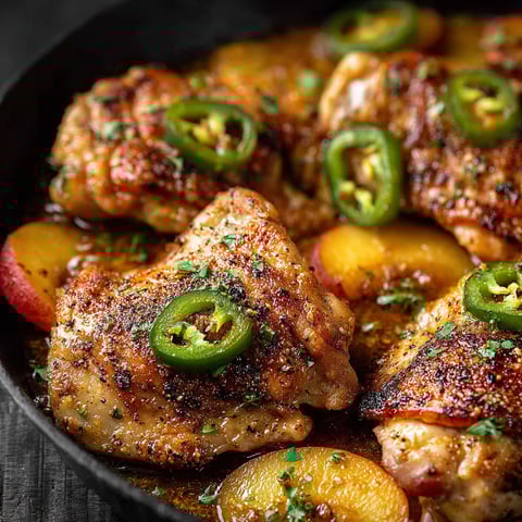 A pan of chicken with jalapenos and peaches.