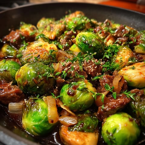 A pan of beef and Brussels sprouts.