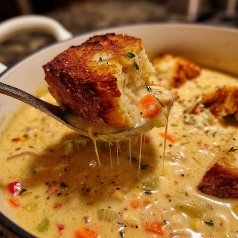 A spoon is in a bowl of Three Cheese Bisque.