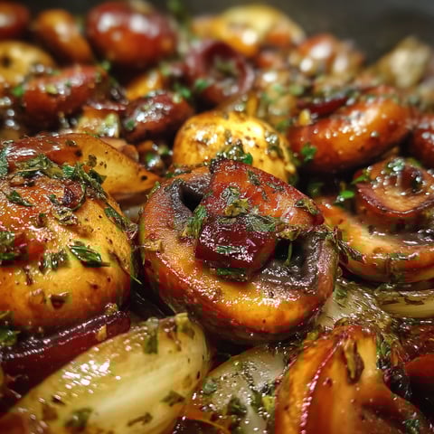 A dish of mushrooms with a brown sauce.