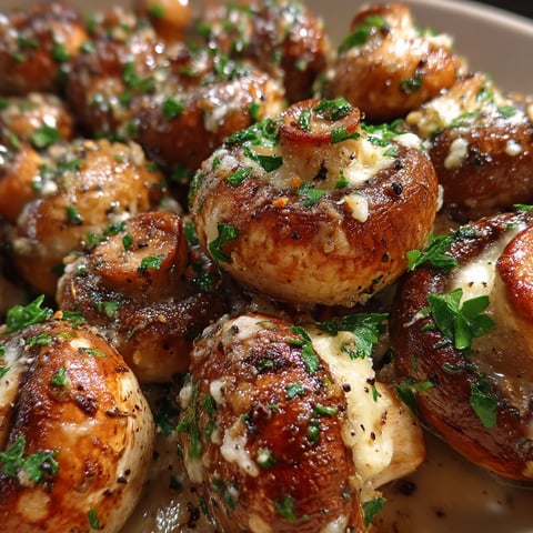 A plate of mushrooms with cheese and herbs.