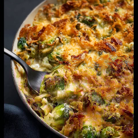 A close up of a cheesy brussels sprout casserole.