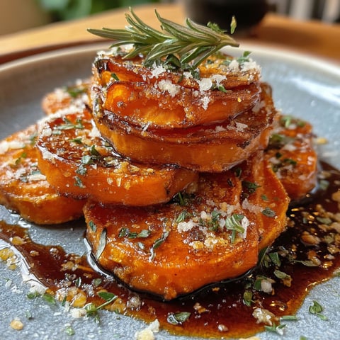 A stack of sweet potatoes with a sprig of rosemary on top.