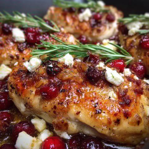 A close up of a chicken breast with feta cheese and cranberries.