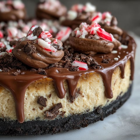 A close up of a chocolate peppermint cheesecake.
