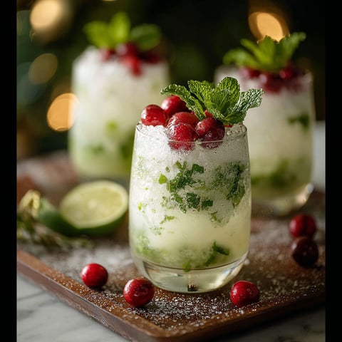 A glass of white Christmas mojitos.