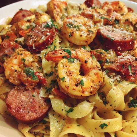 A plate of Cajun Shrimp and Sausage Pasta.