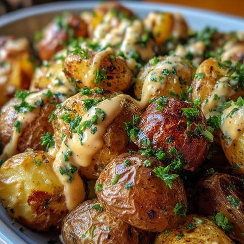 A plate of roasted potatoes with mayo on top.