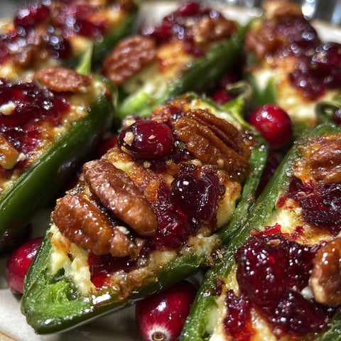 Jalapeño poppers with cranberry sauce and brie cheese.