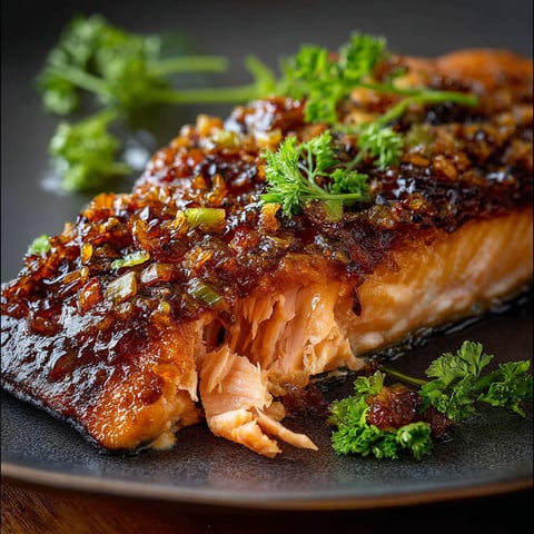 A piece of salmon with a brown sauce on top.