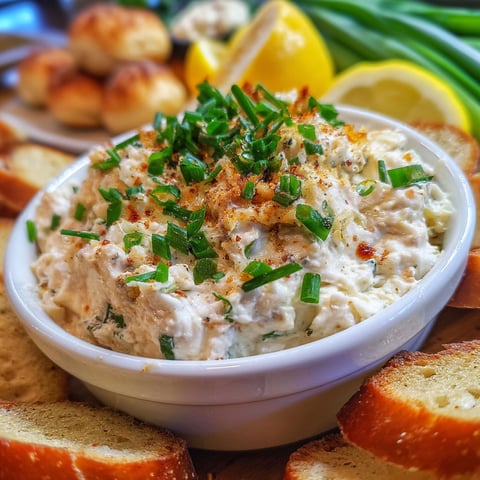 A bowl of clam dip with a lemon wedge on top.