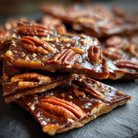 A close up of a pecan pie bark.