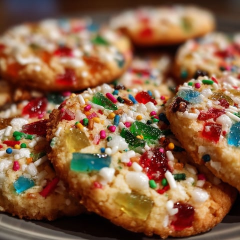 A plate of colorful cookies with jelly beans and sprinkles.
