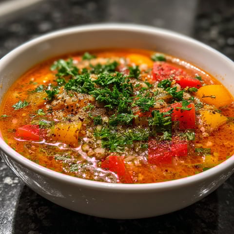A bowl of soup with vegetables and herbs.