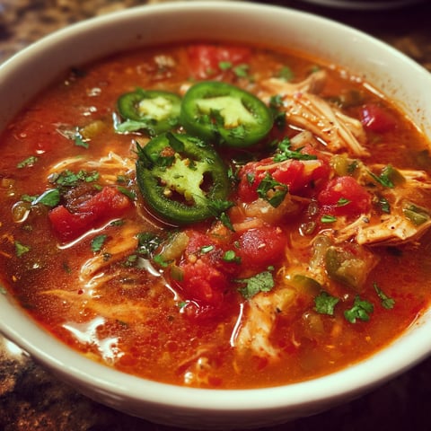 A bowl of soup with chicken, jalapenos, and tomatoes.