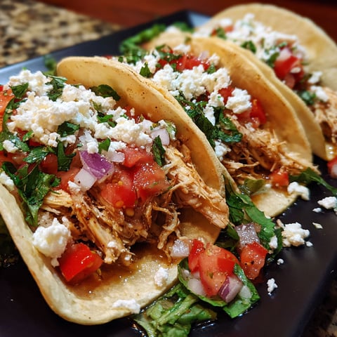 Slow cooker Greek chicken tacos on a black plate.