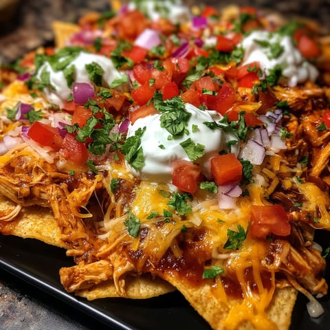 A plate of nachos with chicken and tomatoes.