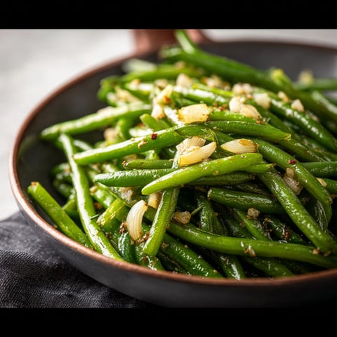 A bowl of sautéed green beans with garlic.