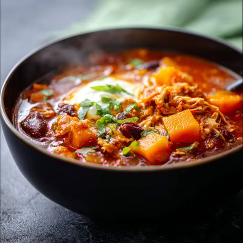 A bowl of chili with a slice of sweet potato on top.