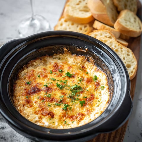 A bowl of crab dip with a glass of wine.