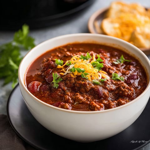 A bowl of chili with cheese and chives on top.