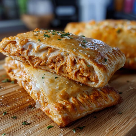 Two homemade chicken and cheese hot pockets on a wooden cutting board.