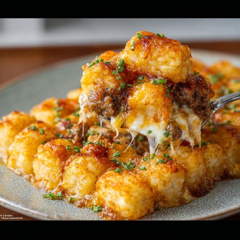 A close up of a delicious tater tot casserole.