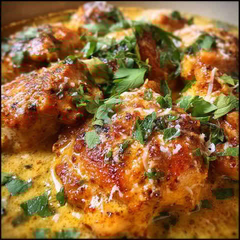 A dish of chicken with a creamy sauce.