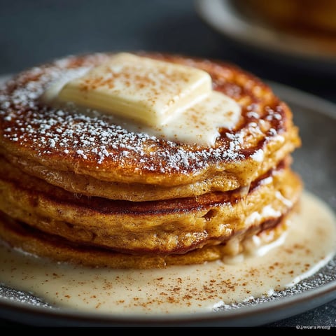 A stack of pancakes with a dollop of butter and syrup on top.