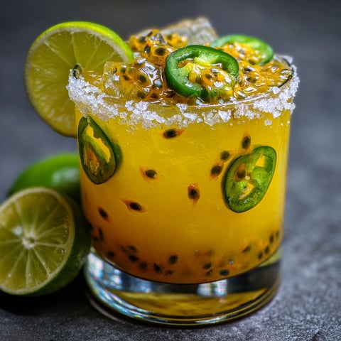 A glass of spicy passion fruit margarita.